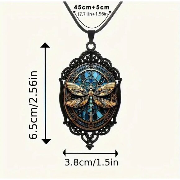 Dragonfly Pendant Necklace With Victorian Style Black Metal Frame - Picture 3 of 3